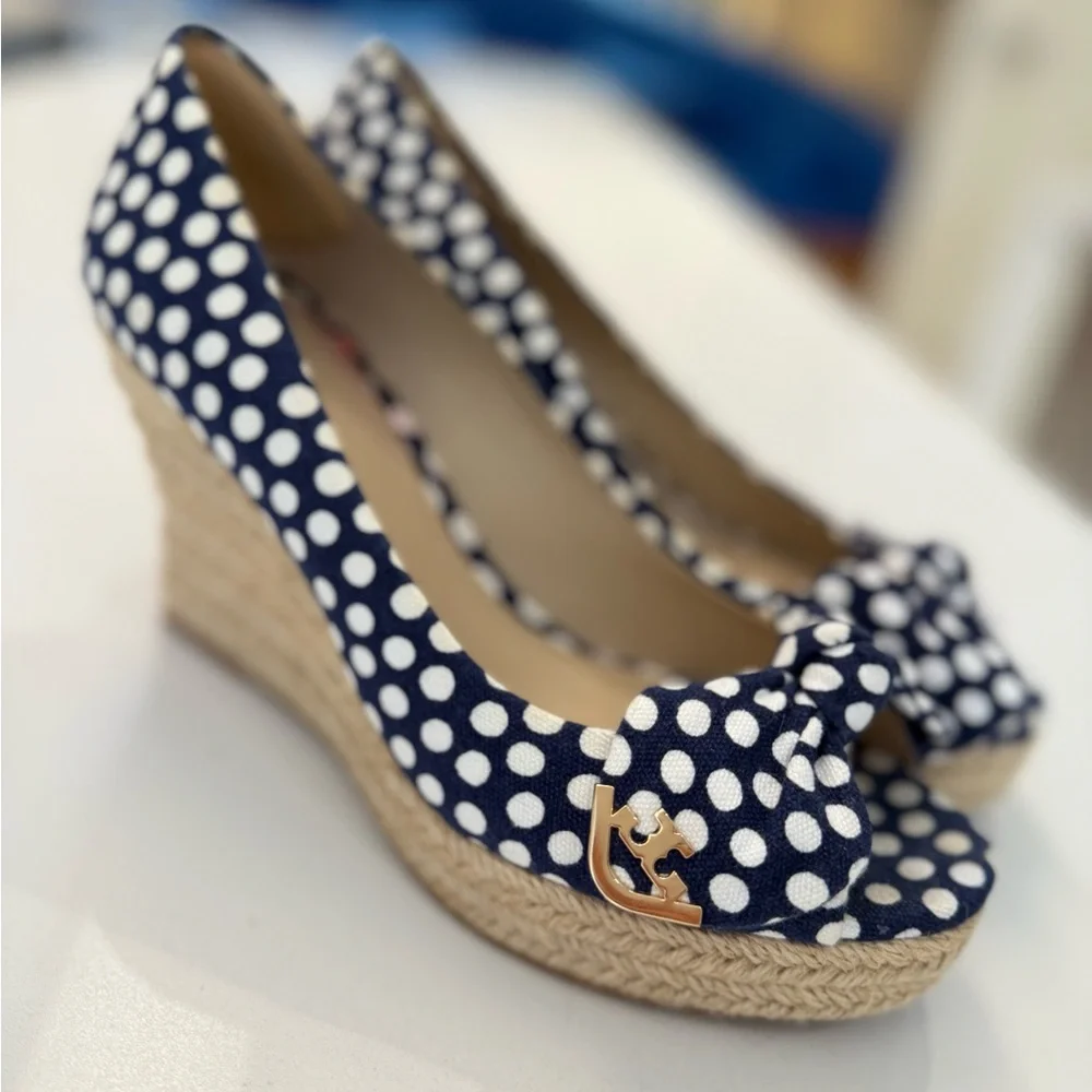 Tory Burch Dory 85MM Peep Toe Espadrille-Polka Dot Canvas, Size 7.5, GENTLY WORN